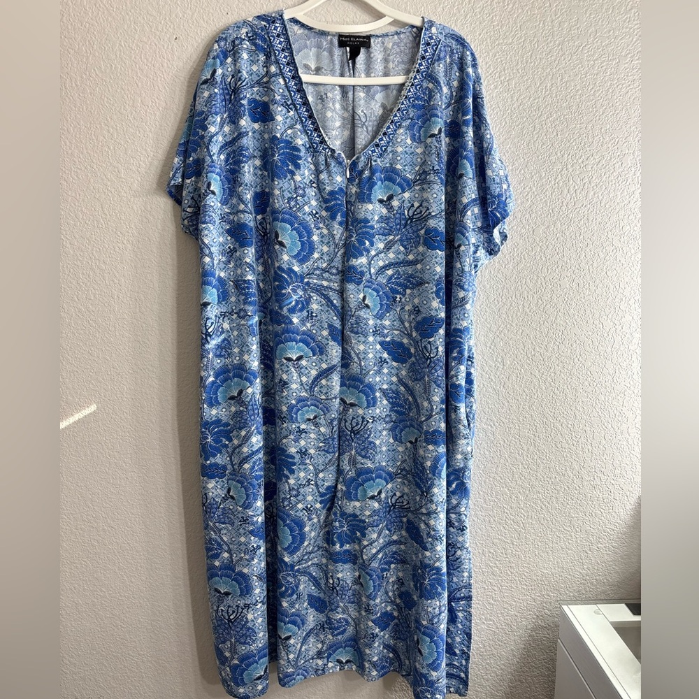 Miss Elaine Relax Zip Front Blue Paisley Loungewear House Dress Robe 3X Coastal
